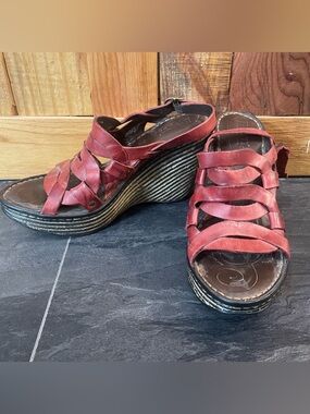 Women's Born Red Leather Strappy Wedge Sandals